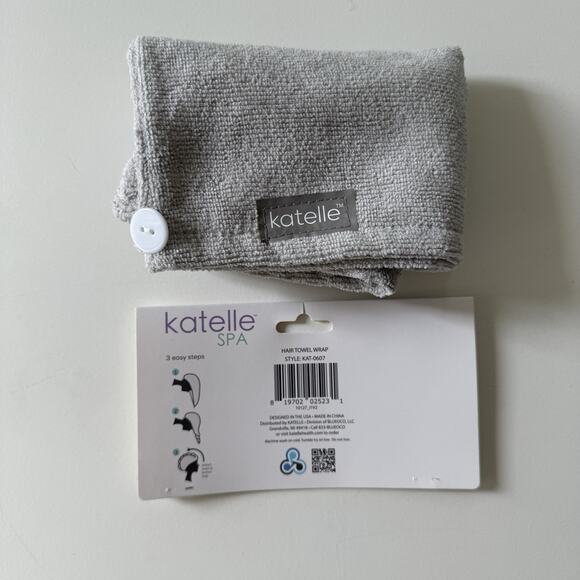 NIB Katelle Spa Hair Towel‎ Wrap Gray Microfiber Button Closure 23” x 9” - Picture 7 of 8